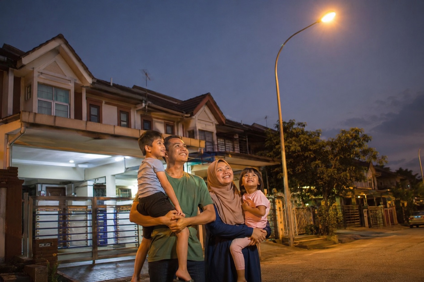 Keluarga di bawah lampu jalan yang berfungsi